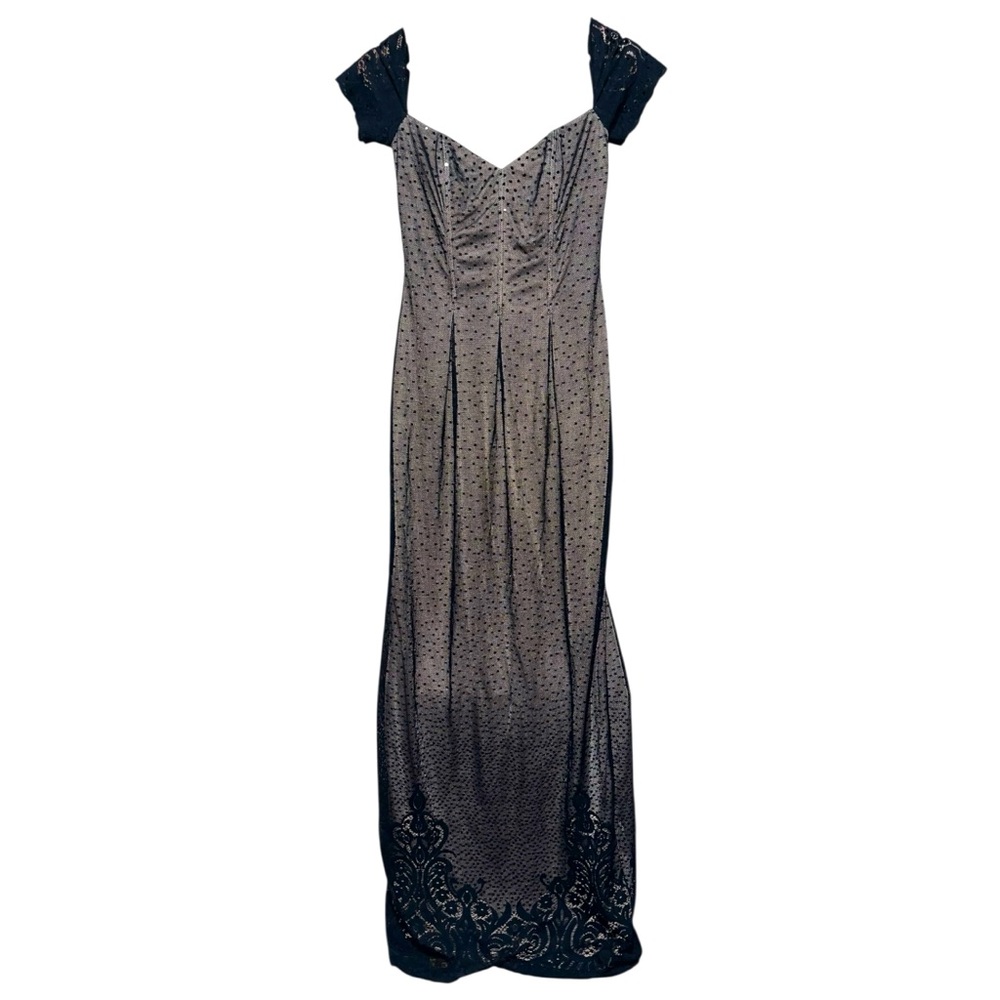 Benet Vintage Black Lace Swiss Dot Black Tie Long Formal Dress